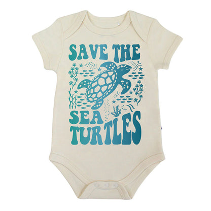 Our Save the Sea Turtle Cotton bodysuit flat lay in a white background. 
