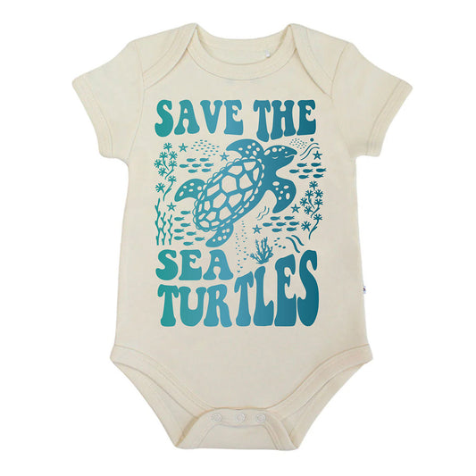 Our Save the Sea Turtle Cotton bodysuit flat lay in a white background. 