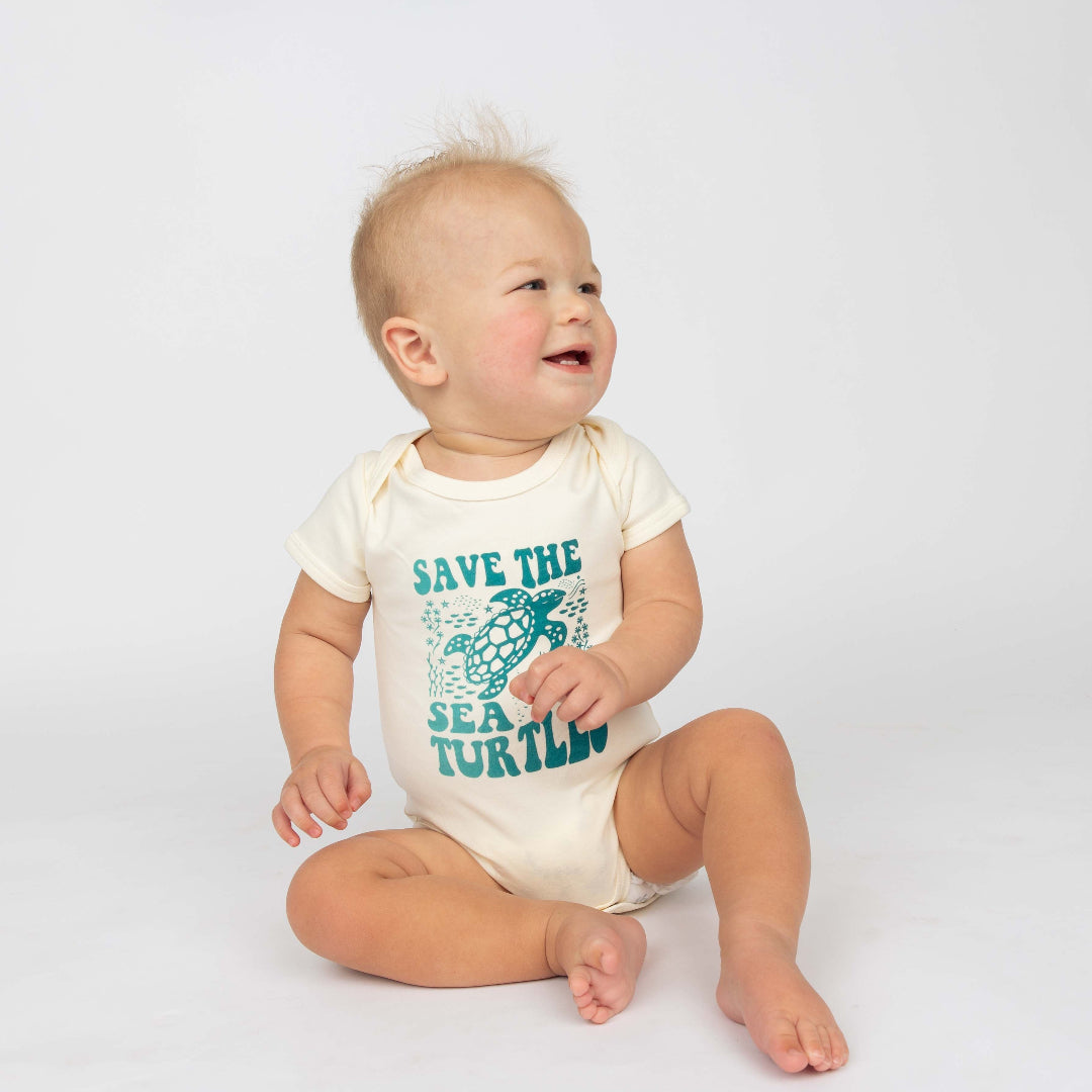 Save the Sea Turtle baby bodysuit made of 100% cotton by Emerson and Friends.