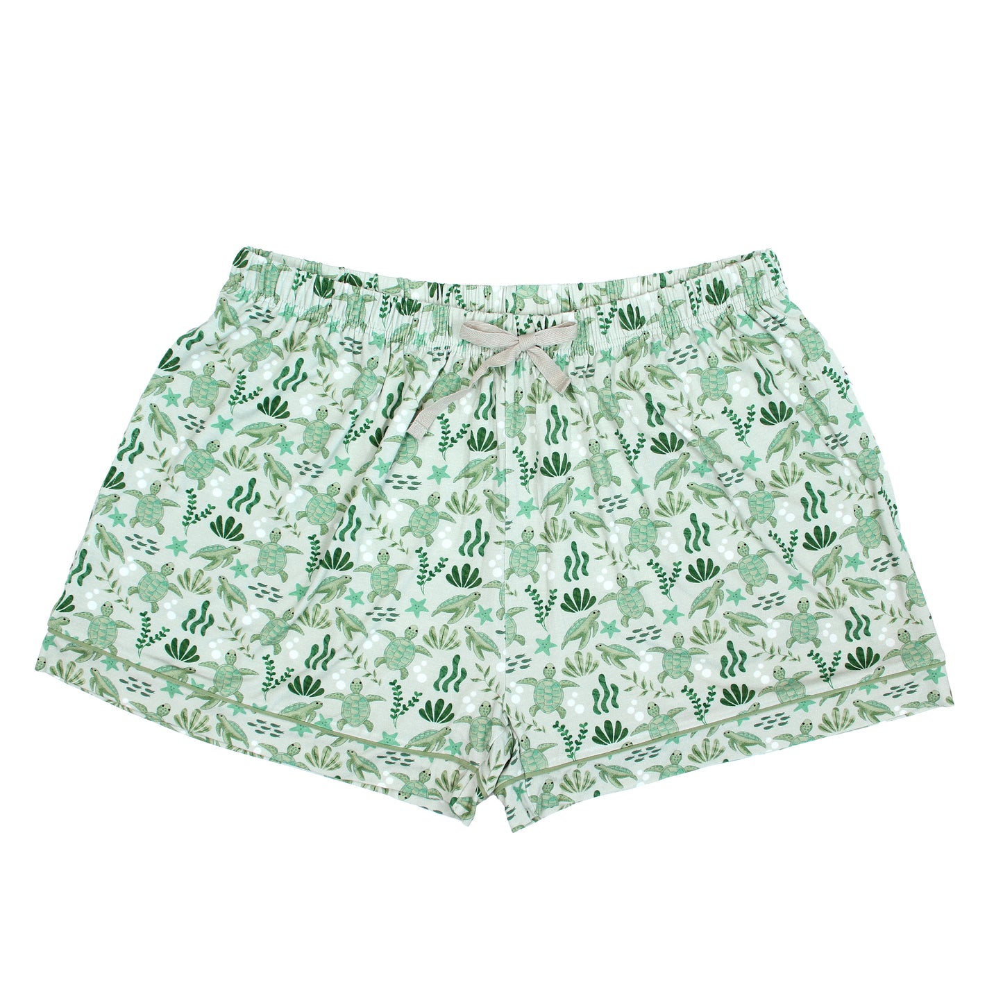 Save the Sea Turtles women's bamboo pajama shorts by Emerson and Friends. Featuring a soft sea-green background with hand-drawn turtles, seaweed, and starfish, these eco-friendly shorts are designed for ultimate comfort and sustainability.