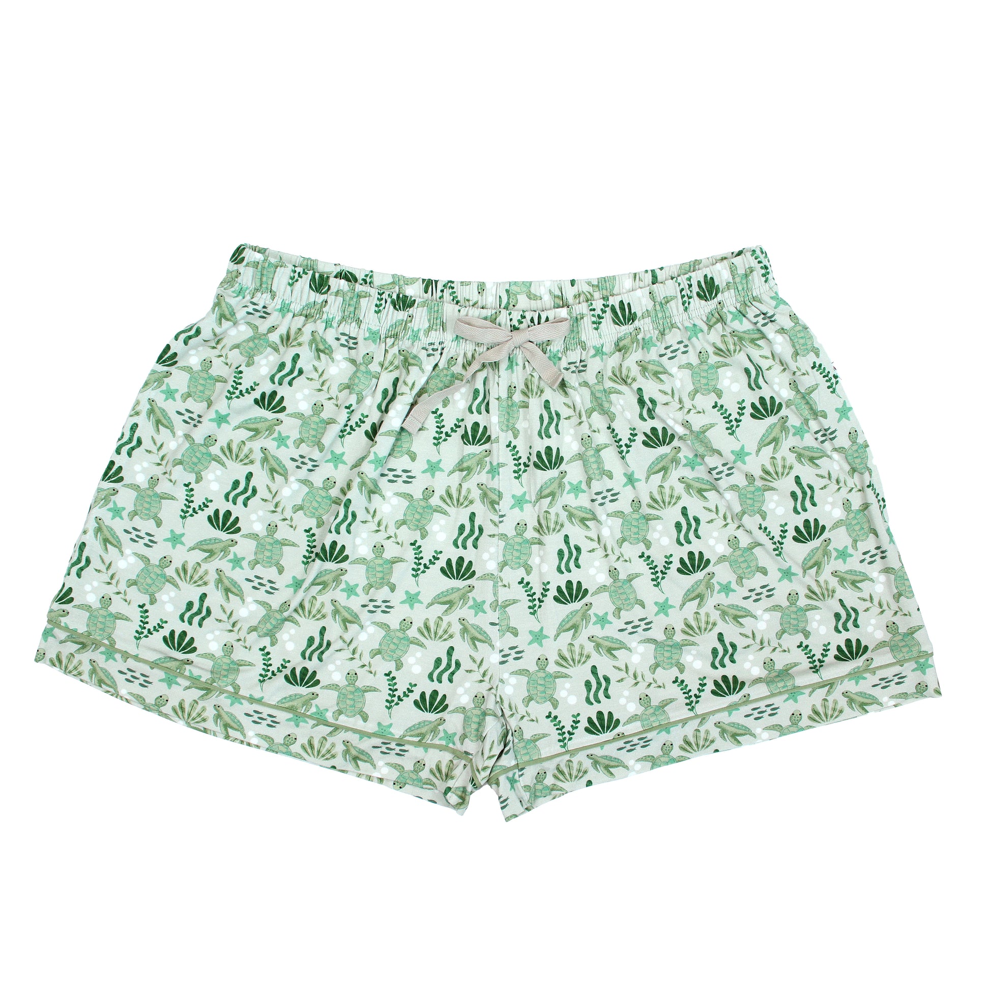 Save the Sea Turtles women's bamboo pajama shorts by Emerson and Friends. Featuring a soft sea-green background with hand-drawn turtles, seaweed, and starfish, these eco-friendly shorts are designed for ultimate comfort and sustainability.