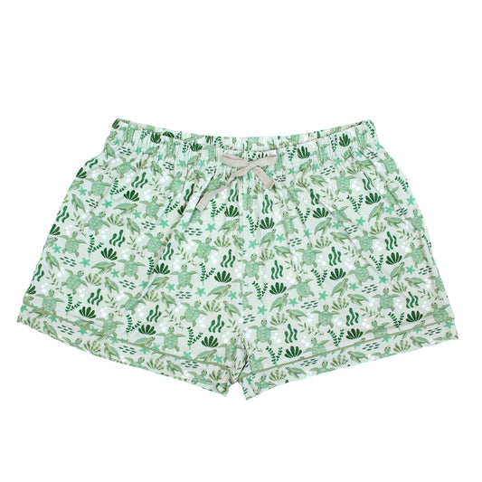 Save the Sea Turtles women's bamboo pajama shorts by Emerson and Friends. Featuring a soft sea-green background with hand-drawn turtles, seaweed, and starfish, these eco-friendly shorts are designed for ultimate comfort and sustainability.