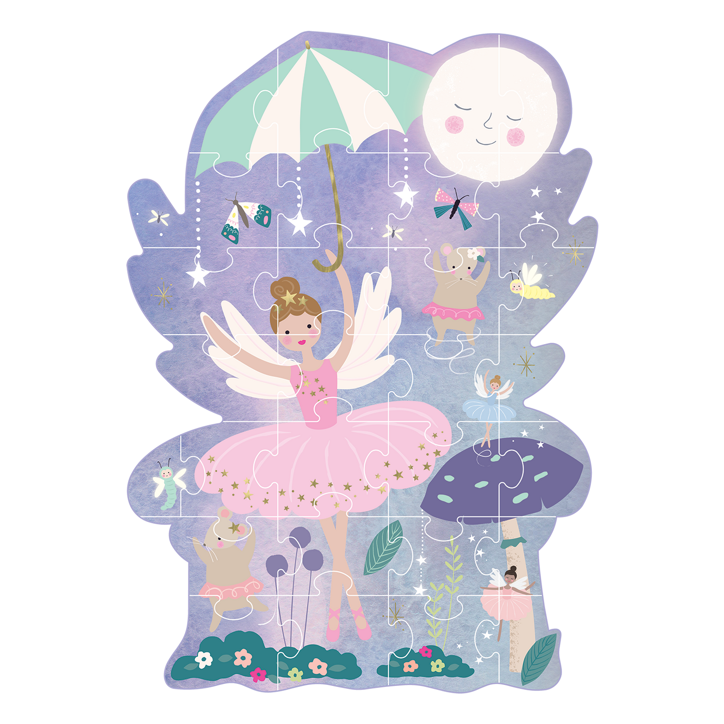 Fairy-themed puzzle with a girl in a pink dress and fairy wings on a white background