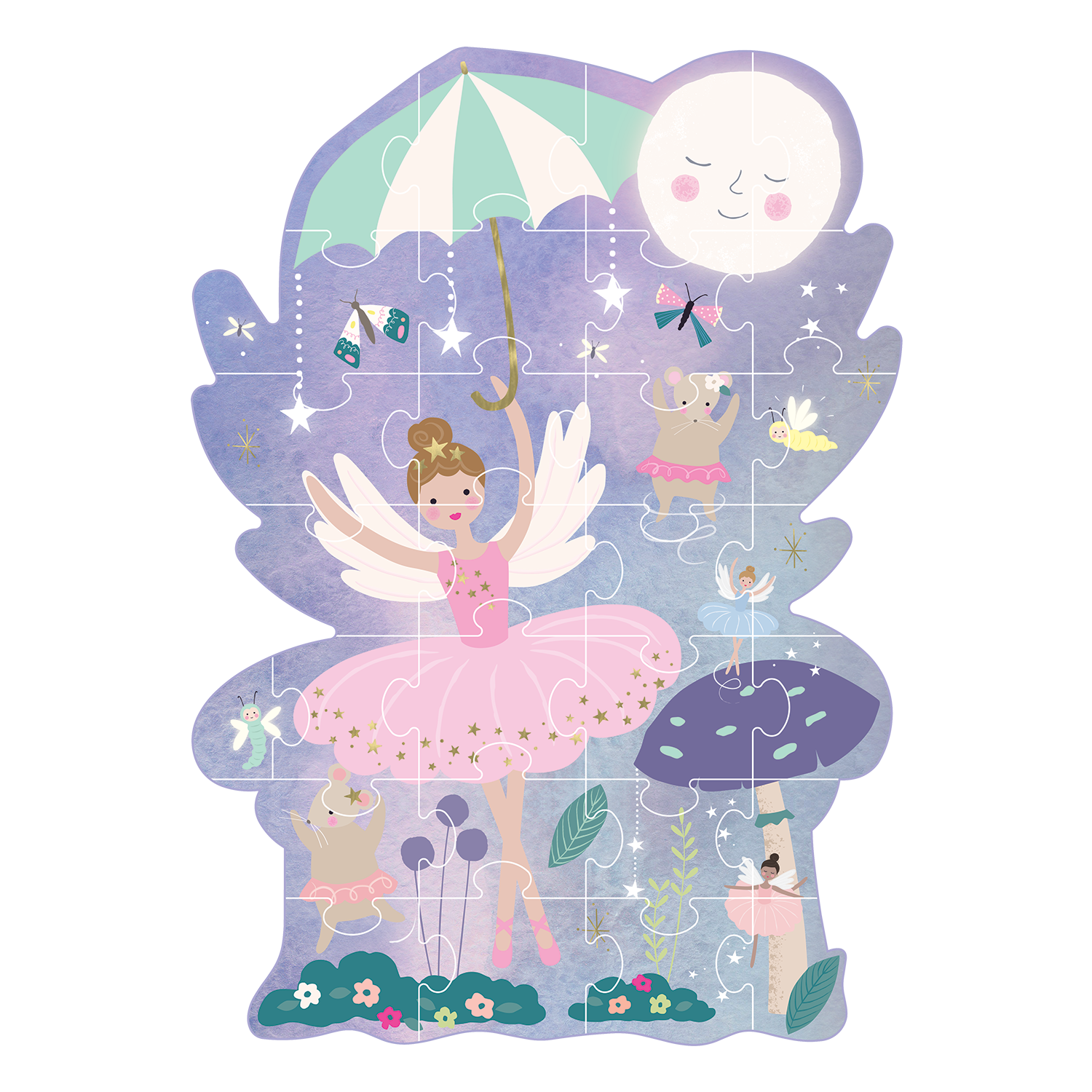 Fairy-themed puzzle with a girl in a pink dress and fairy wings on a white background