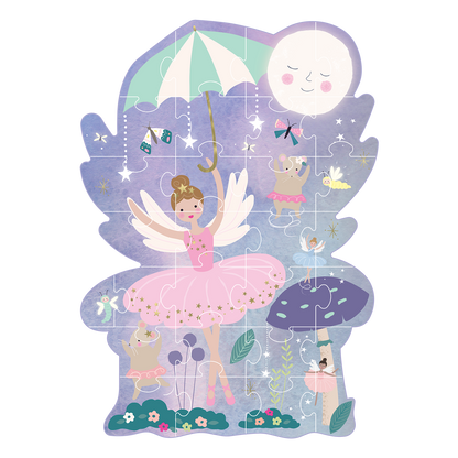 Fairy-themed puzzle with a girl in a pink dress and fairy wings on a white background