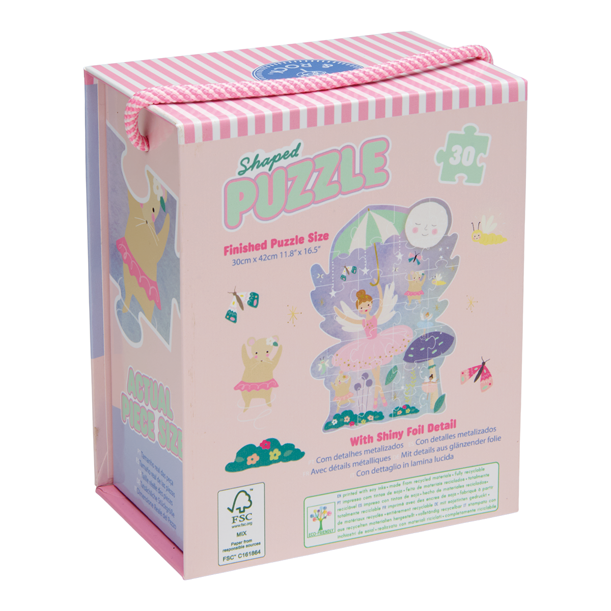 Shaped puzzle packaging with illustrations of a fairy and unicorn on a pink background