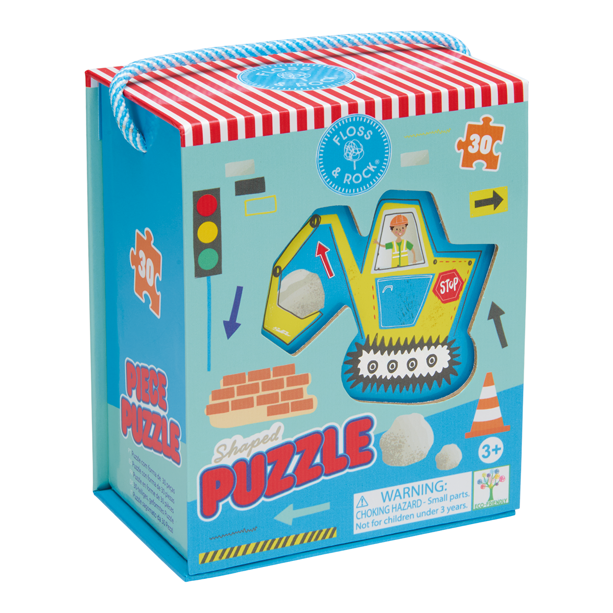 Children's puzzle packaging with a construction vehicle design on a white background