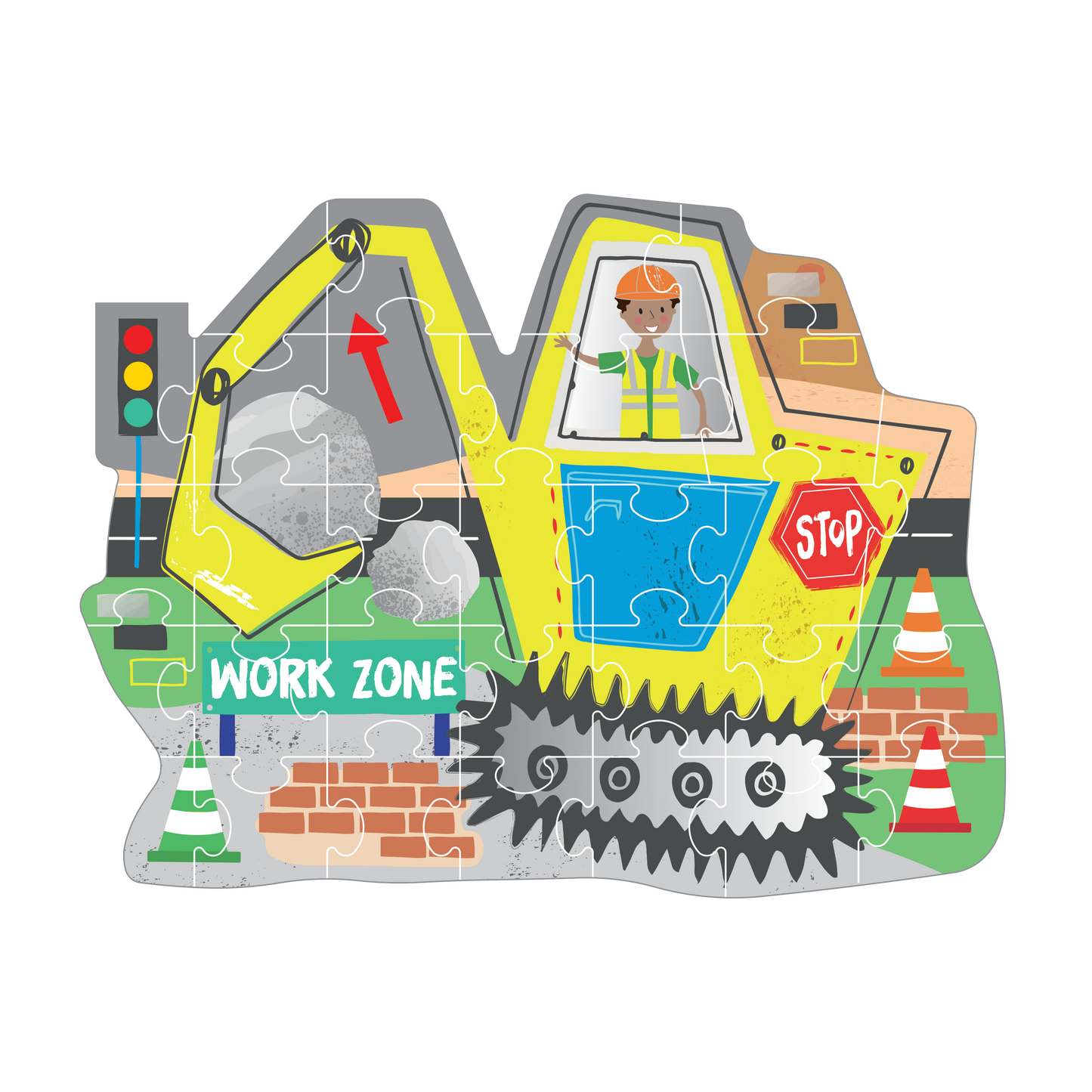 Children's puzzle with an excavator design featuring a construction worker and traffic elements.