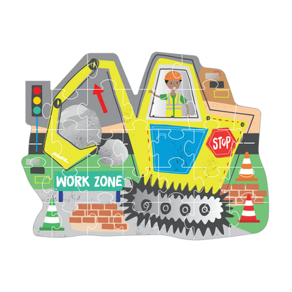 Children's puzzle with an excavator design featuring a construction worker and traffic elements.