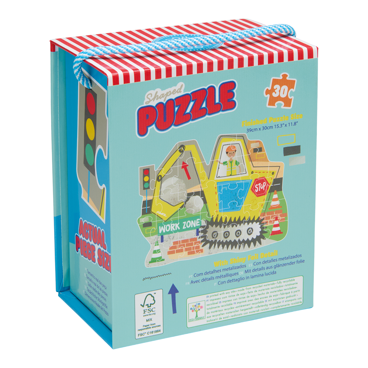 Shaped puzzle packaging with construction vehicle illustration on a white background