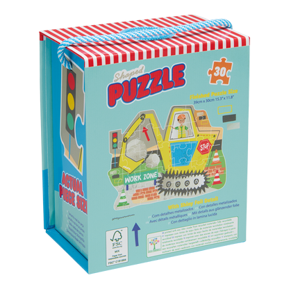 Shaped puzzle packaging with construction vehicle illustration on a white background