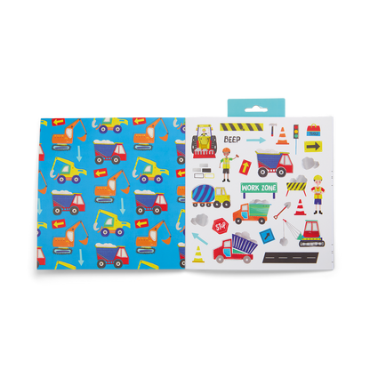 Children's activity book with construction vehicle theme on a white background