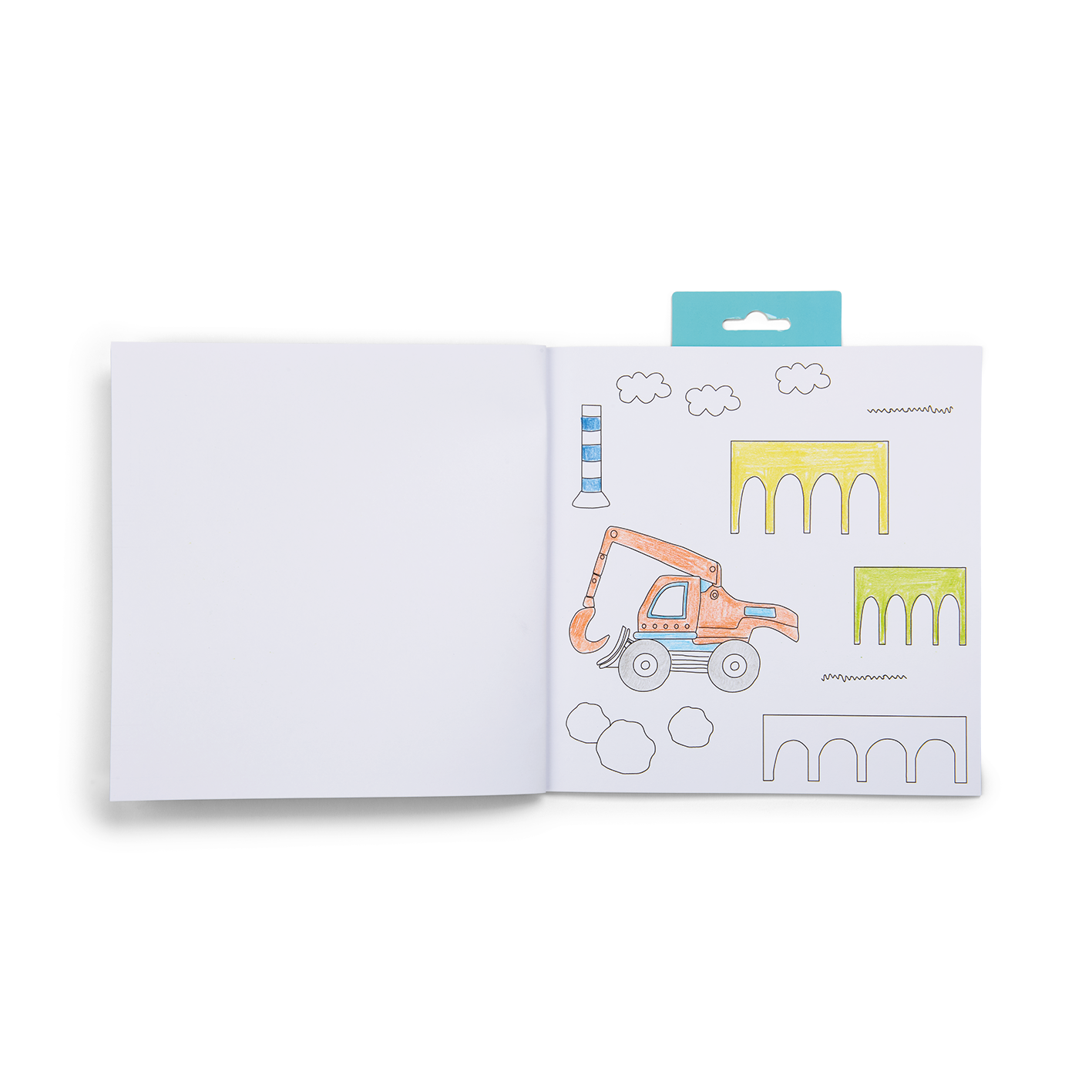 Children's book with construction vehicle illustrations on a white background
