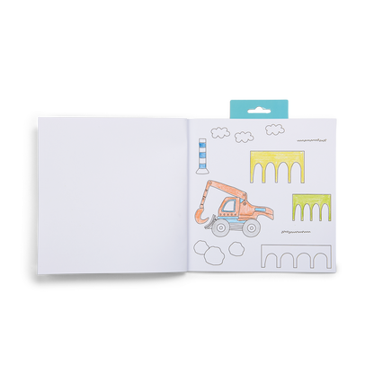 Children's book with construction vehicle illustrations on a white background