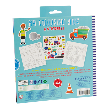 Packaging of a children's colouring book and stickers set with illustrations on a blue background.