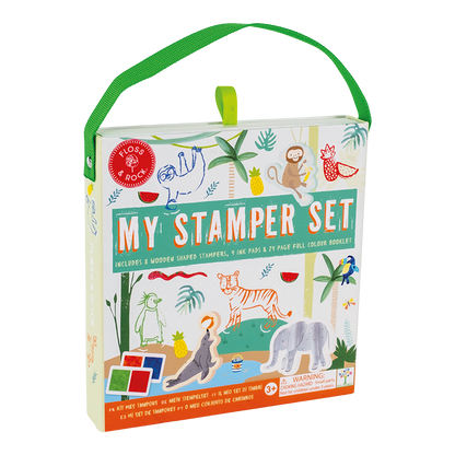 Children's stamp set packaging with illustrations and green handle