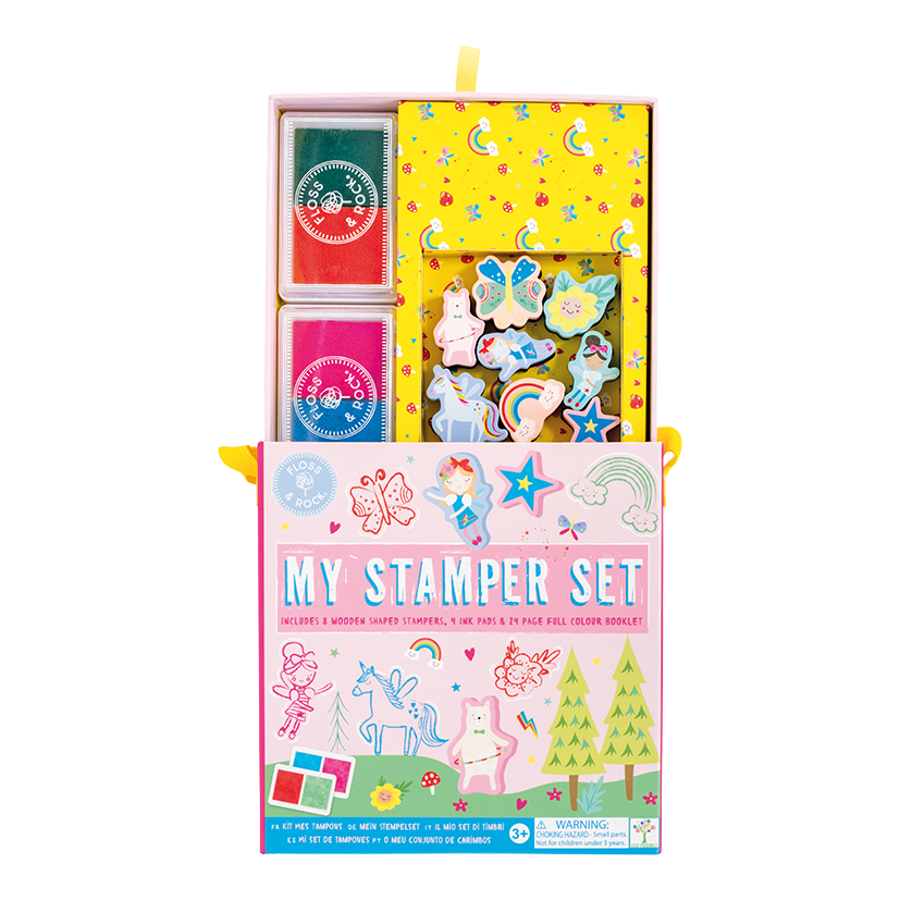 Children's stamp set with colorful stamps and a pink box on a white background