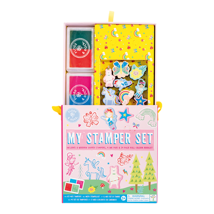 Children's stamp set with colorful stamps and a pink box on a white background