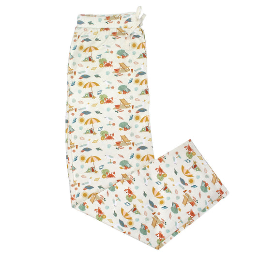 the "beach days" relaxed loungewear pants. the "beach days" print is a scattered print of beach umbrellas, beach balls, sand buckets and shovels, coral, shells, beach chairs, seagulls, flipflops, and sunglass mixed in a orderly and creative way. 