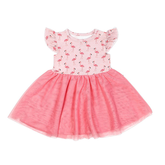 the "fancy flamingos" twirl dress. this features the "fancy flamingos" print on the top half, and a bright pink bottom half of the dress. the "fancy flamingos" print is a pattern of multiple pink flamingoes scattered around the print. 