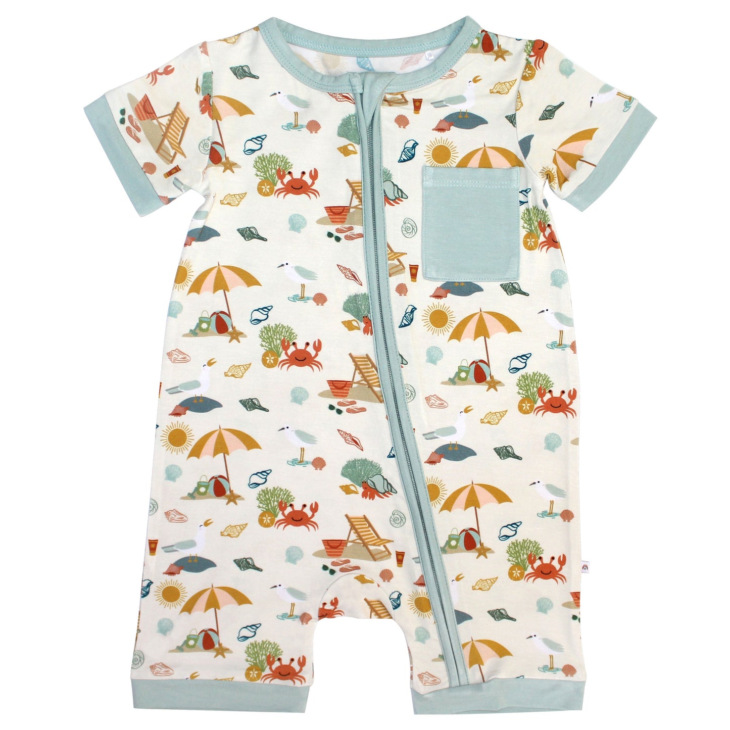 the "beach days" shortie romper. the "beach days" print is a scattered print of beach umbrellas, beach balls, sand buckets and shovels, coral, shells, beach chairs, seagulls, flipflops, and sunglass mixed in a orderly and creative way. 