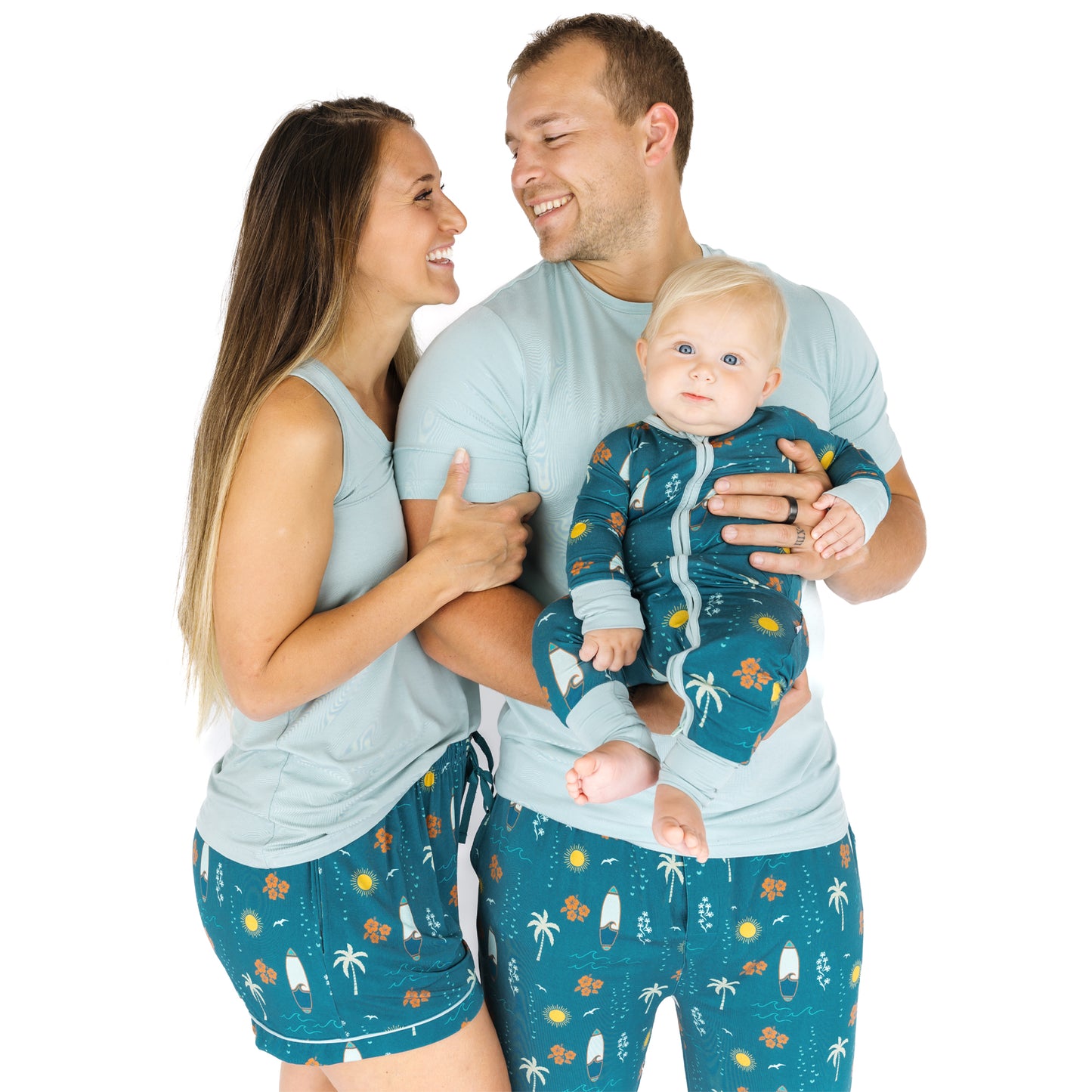 Family wearing matching Surf’s Up bamboo pajamas
