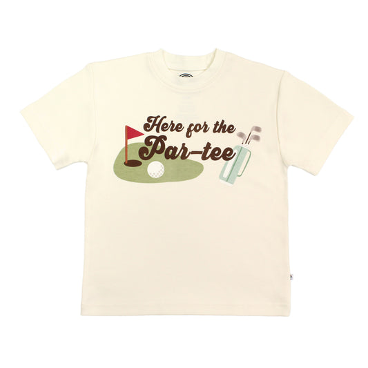 Beige t-shirt with golf-themed graphic and text 'Here for the Par-tee' on a white background