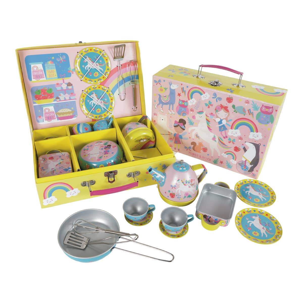 Children's toy tea set with colorful case featuring unicorns and rainbows.