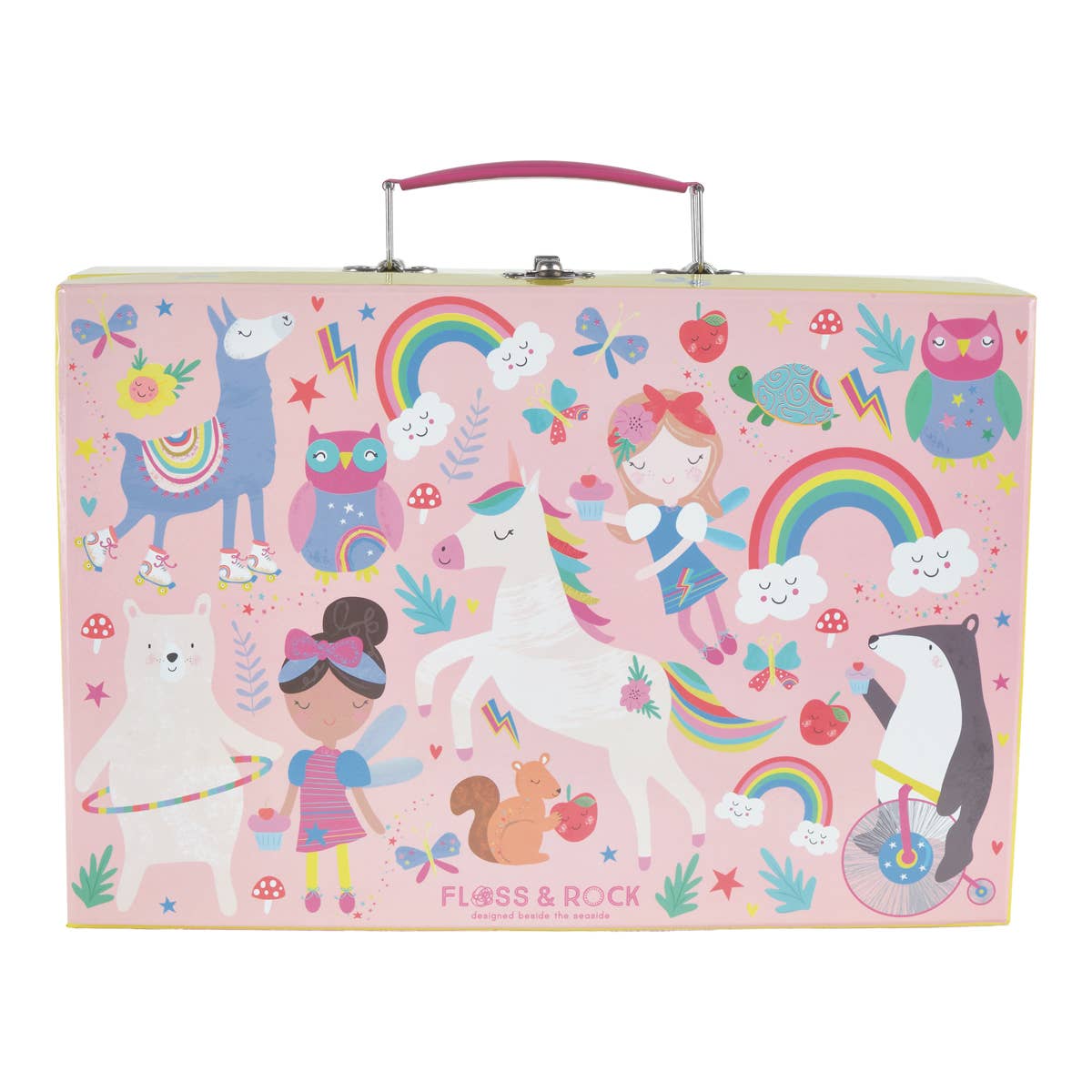 Children's toy box with colorful illustrations of animals and characters on a pink background