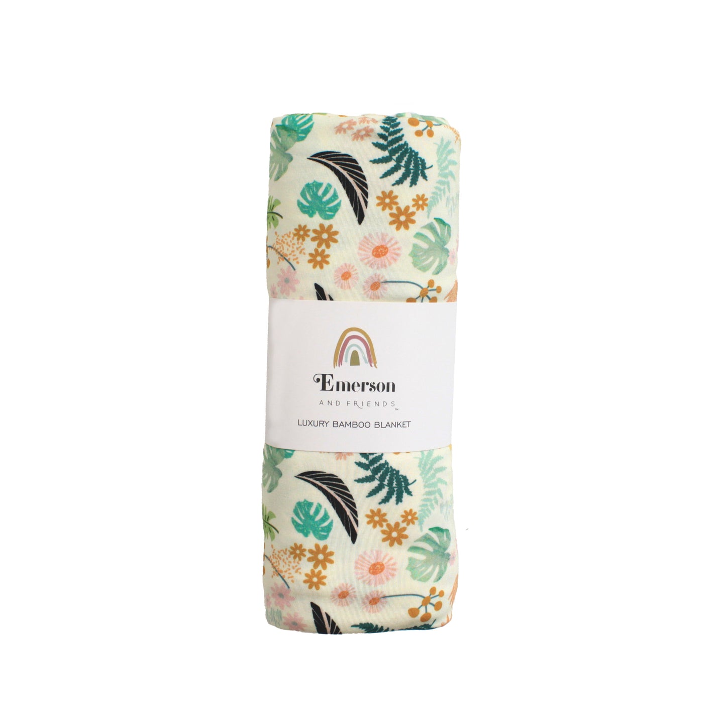 Close-up of the Tropical Blooms floral pattern on soft, stretchy bamboo viscose and spandex fabric.