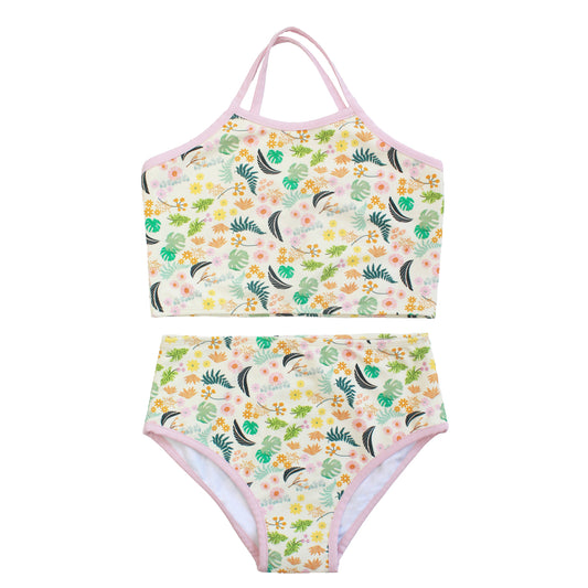 Two-piece girls bikini set in the Tropical Blooms botanical print featuring a crossback tank-style top and coordinating bottoms.