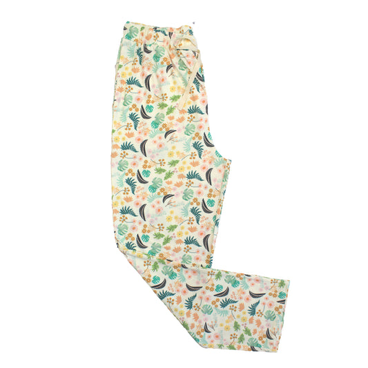 Tropical Blooms relaxed bamboo lounge pajama pants featuring a vibrant botanical floral print and comfortable elastic waistband.