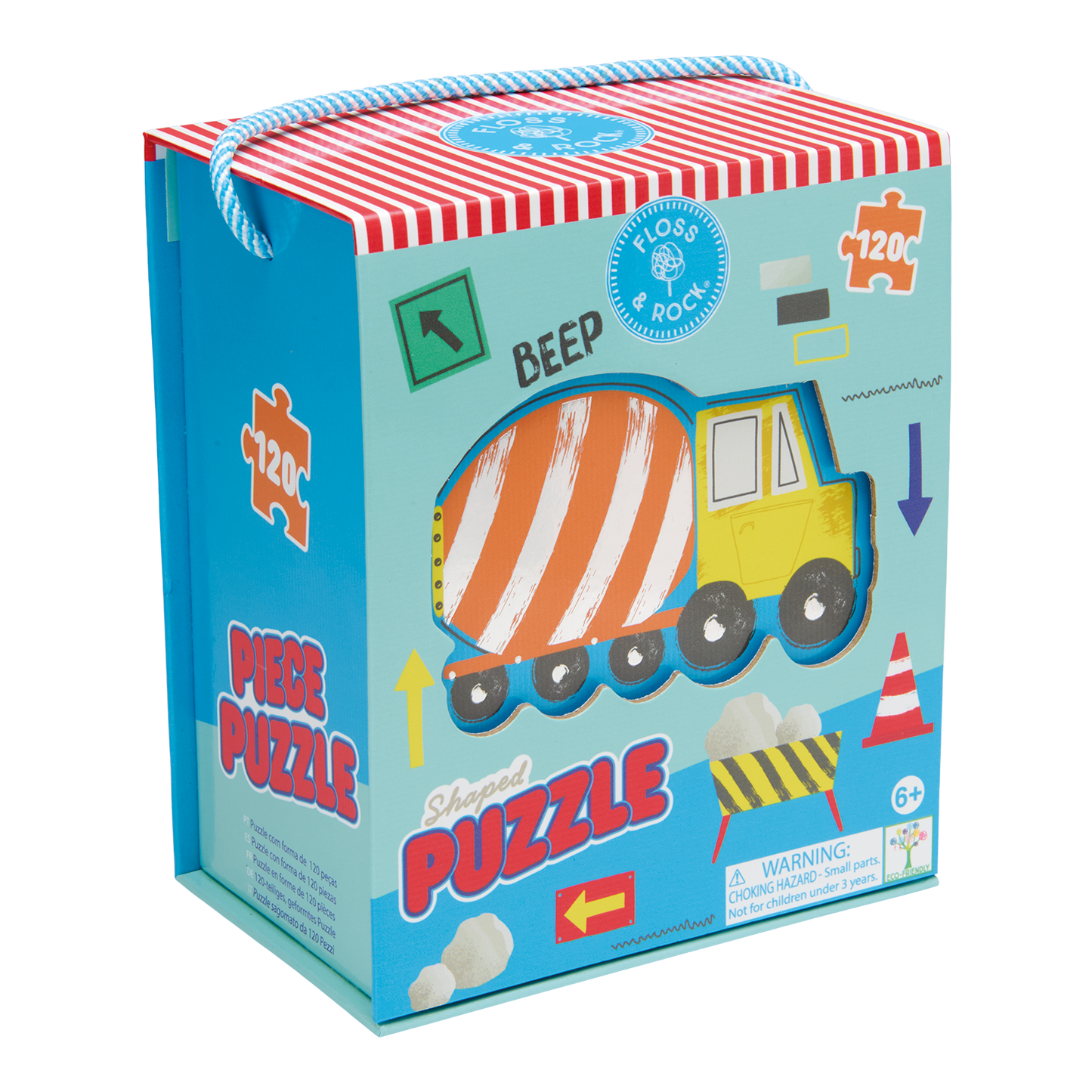 Children's puzzle packaging with a cement truck illustration on a white background