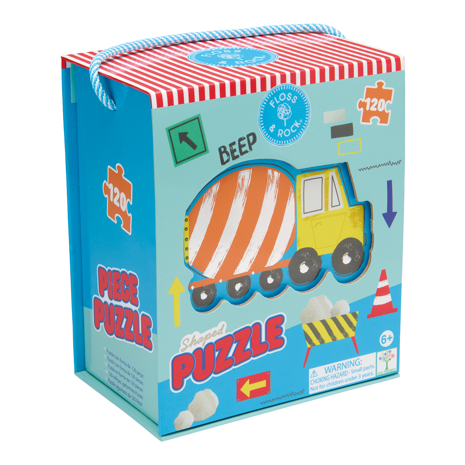 Children's puzzle packaging with a cement truck illustration on a white background