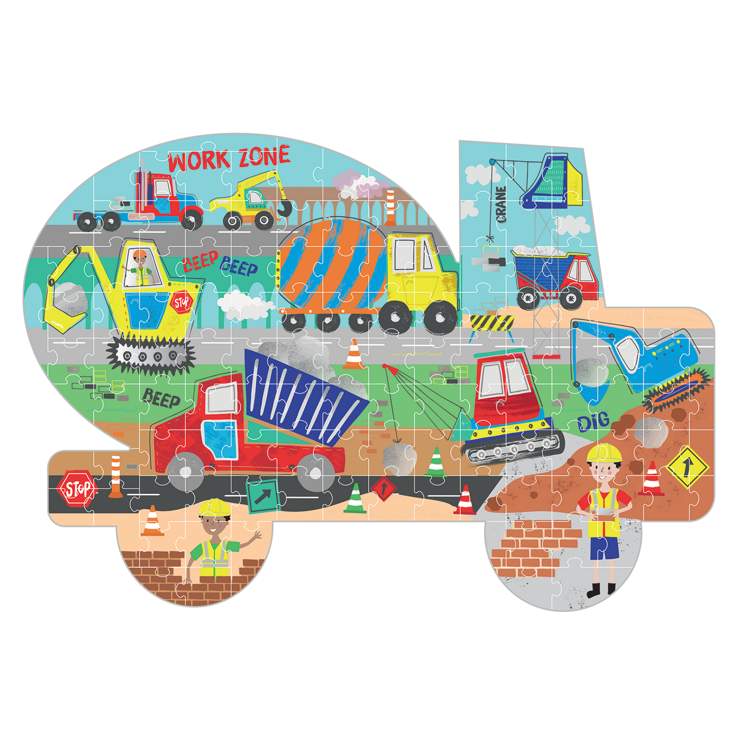 Children's puzzle with construction vehicle theme on a white background