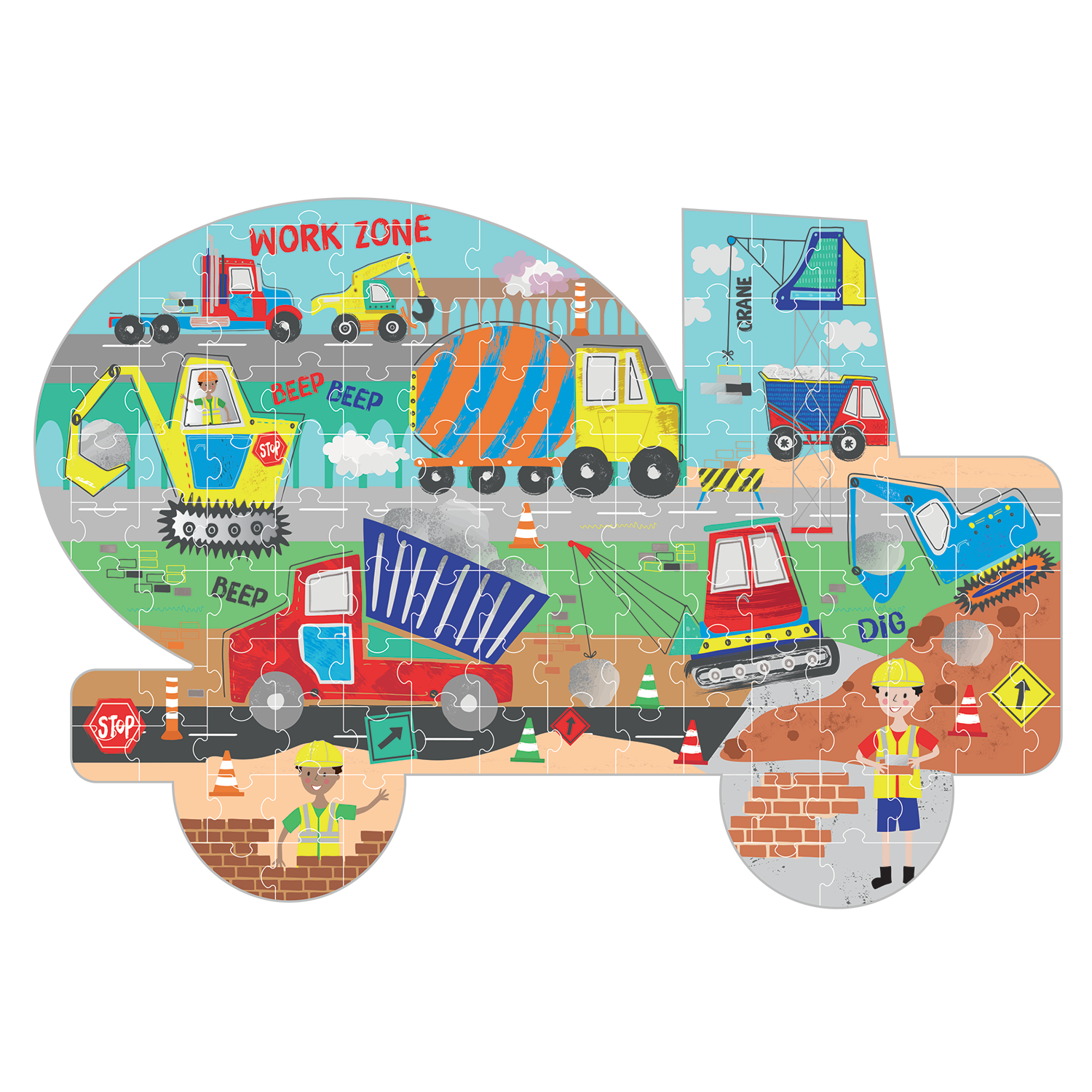 Children's puzzle with construction vehicle theme on a white background