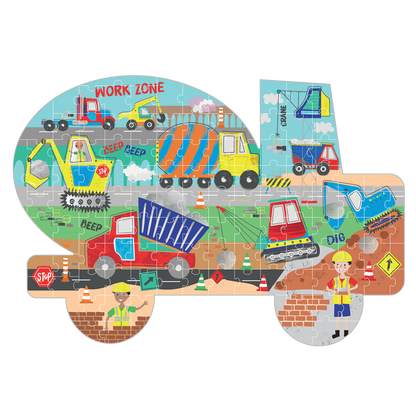 Children's puzzle with construction vehicle theme on a white background