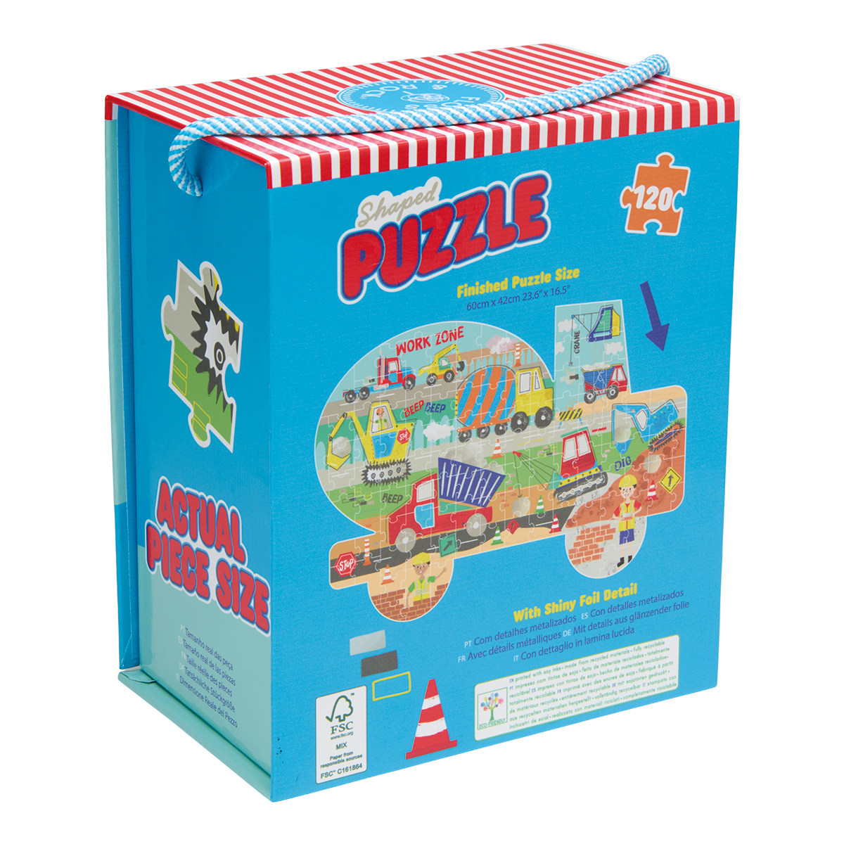 Jigsaw puzzle box with colorful design and text on a white background