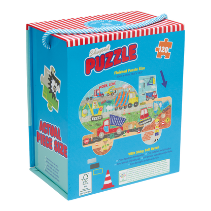 Jigsaw puzzle box with colorful design and text on a white background