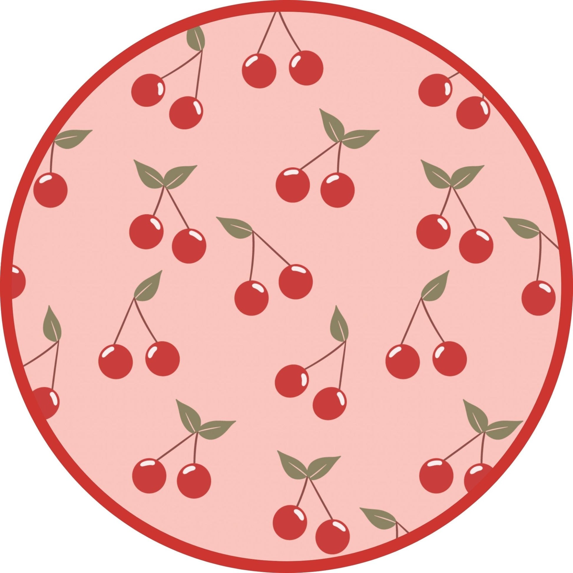 Circular pink plate with red cherry pattern