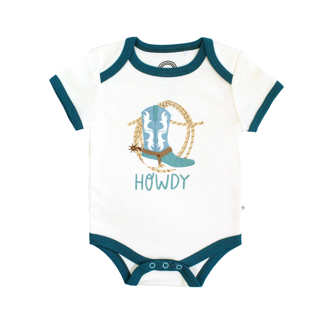 Our Howdy Baby cotton bodysuit featuring the word "Howdy" in playful, blue letters, perfect for a western outfit.