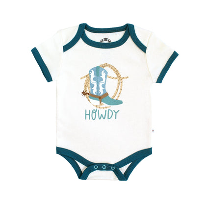 Our Howdy Baby cotton bodysuit featuring the word "Howdy" in playful, blue letters, perfect for a western outfit.