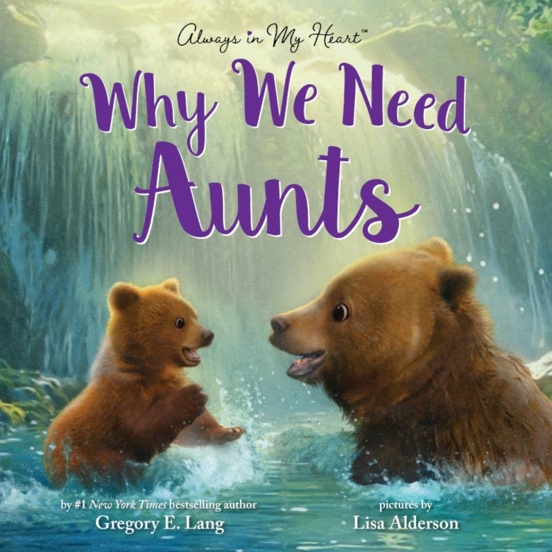 an auntie bear and baby bear playing in a waterfall