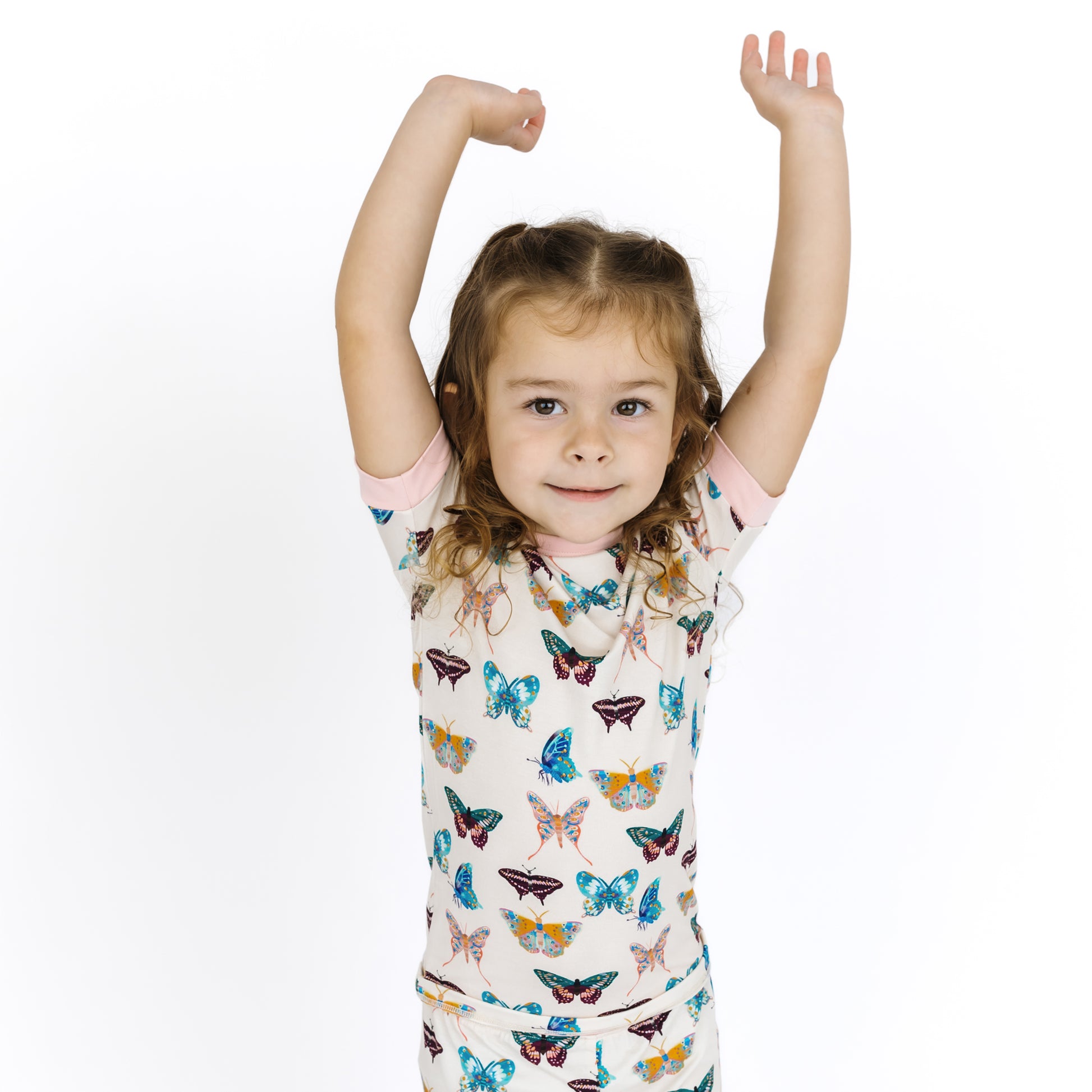 Lightweight and breathable butterfly print bamboo sleepwear for toddlers and big kids.