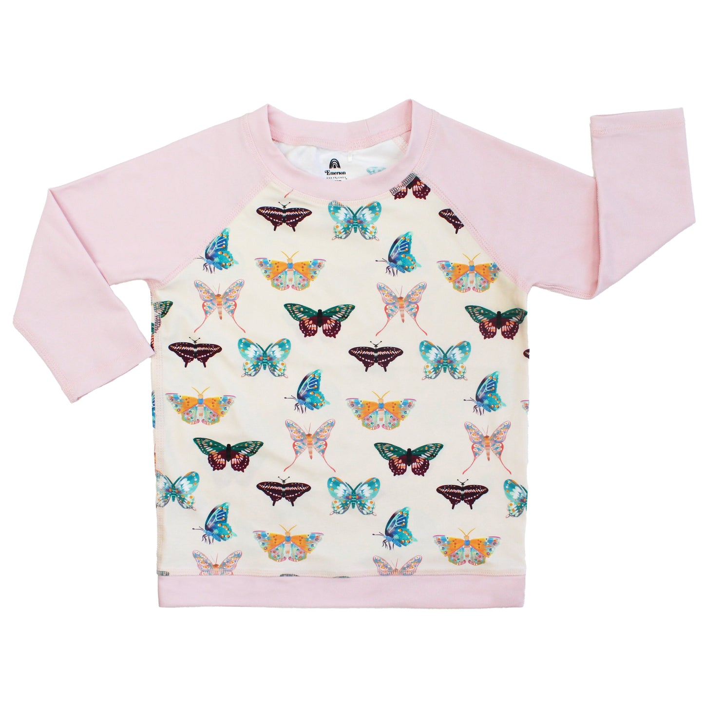 Rash guard with butterfly pattern and pink sleeves on a white backgroundguard 
