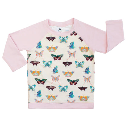 Rash guard with butterfly pattern and pink sleeves on a white backgroundguard 