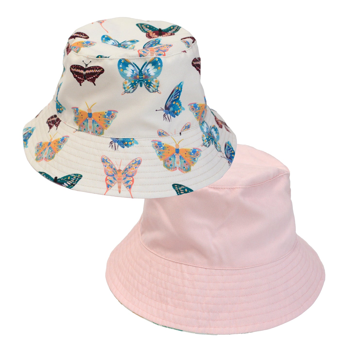 Two bucket hats, one with butterfly pattern and one solid pink, on a white background.