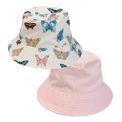Two bucket hats, one with butterfly pattern and one solid pink, on a white background.