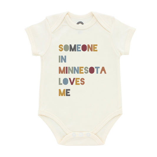 Baby bodysuit with 'Someone in Minnesota Loves Me' text on a white background
