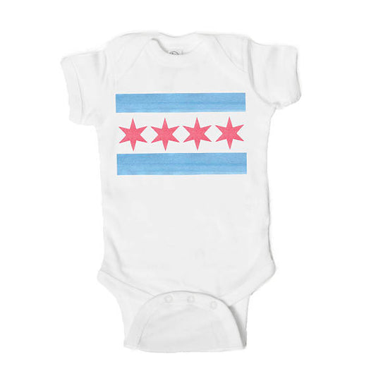 White baby bodysuit with a blue stripe and pink stars on a white background